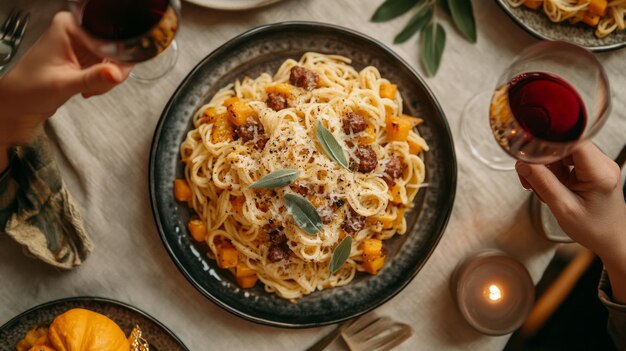 Тарелка с пастой, сервировка в домашнем стиле